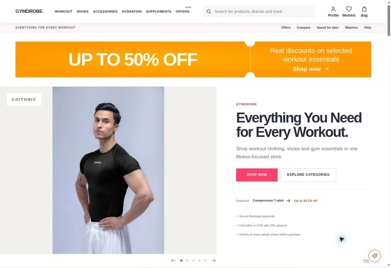 The real GymDrobe homepage, with fitness product navigation and its workout clothing collection.